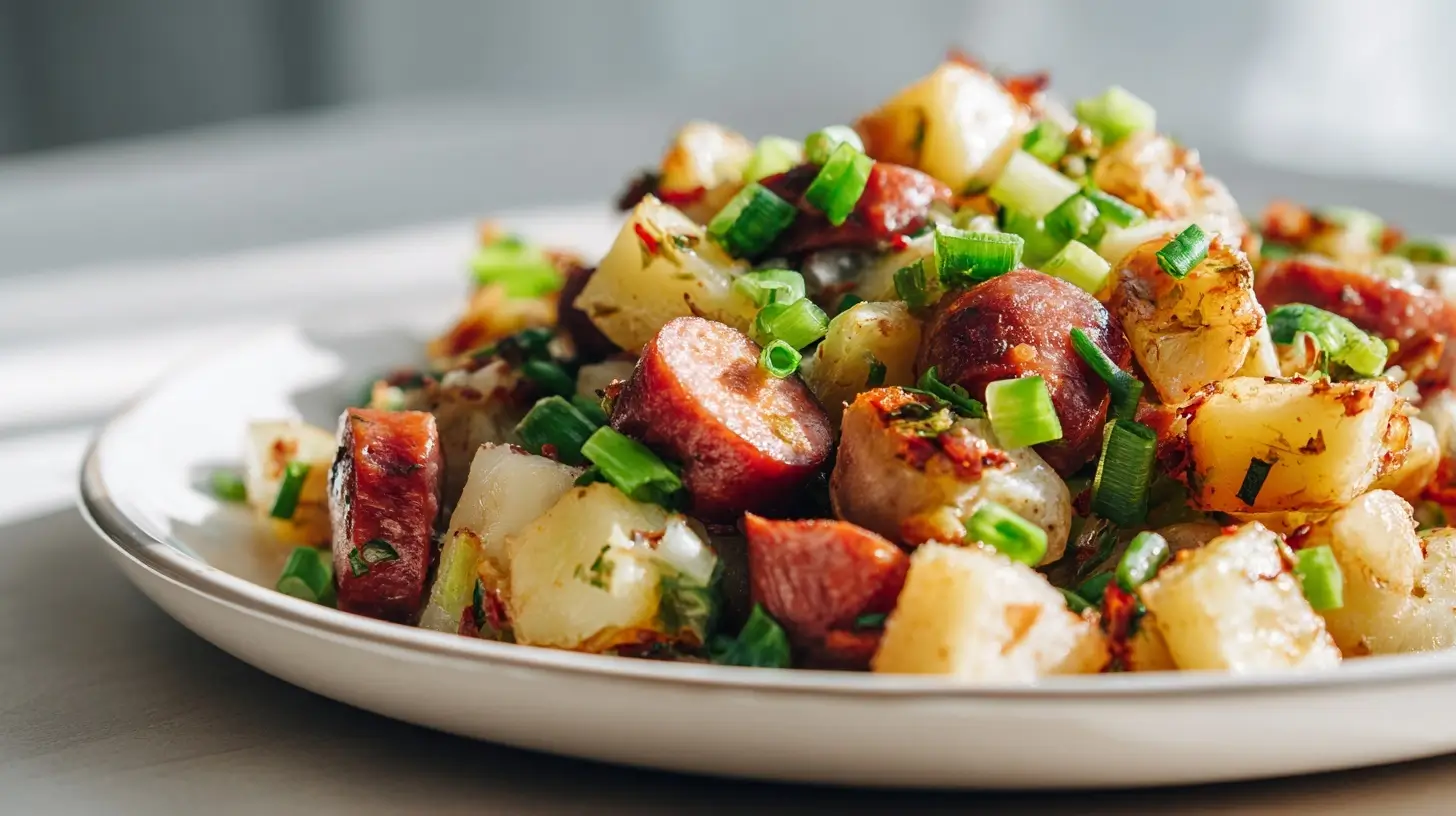 Leckerer Kartoffelsalat mit knusprigen Würstchen, perfekt aus dem Airfryer zubereitet.