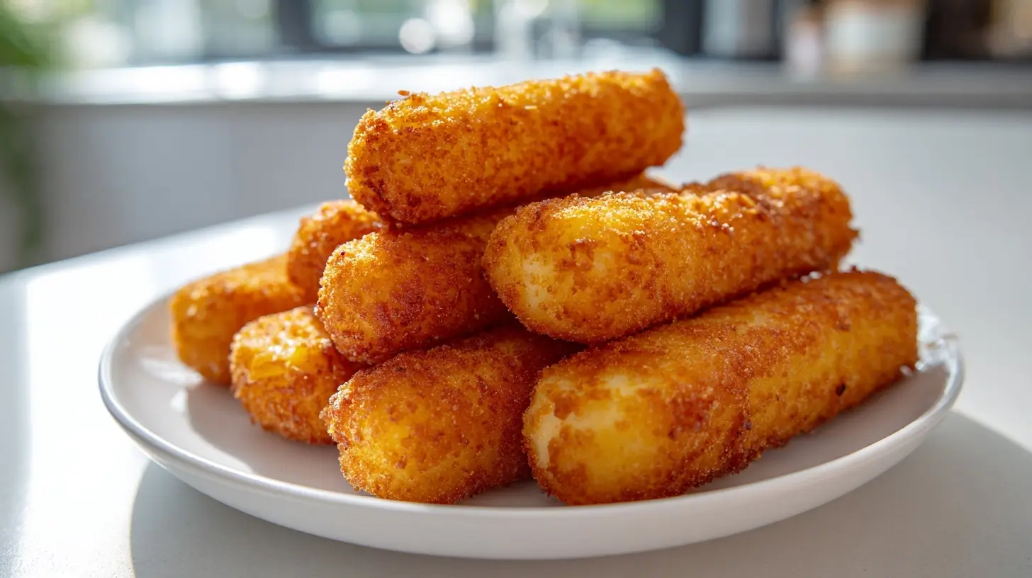 Leckere mozzarella sticks aus der Heißluftfritteuse, knusprig und goldbraun.