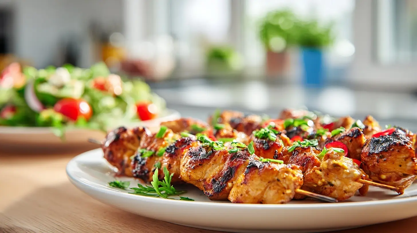 Saftige Putenspieße aus dem Airfryer, perfekt für ein schnelles und gesundes Abendessen.