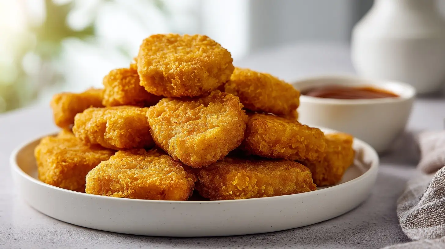 Leckere vegane Nuggets, die im Airfryer knusprig gebraten werden.