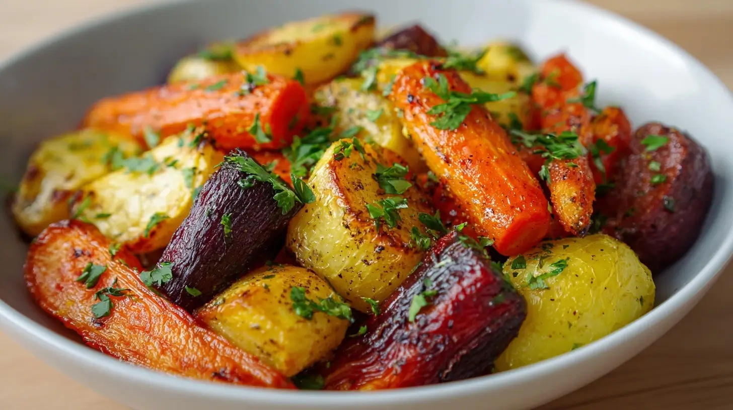 Leckere winterliche Wurzelgemüse-Pfanne im Airfryer mit buntem Gemüse.