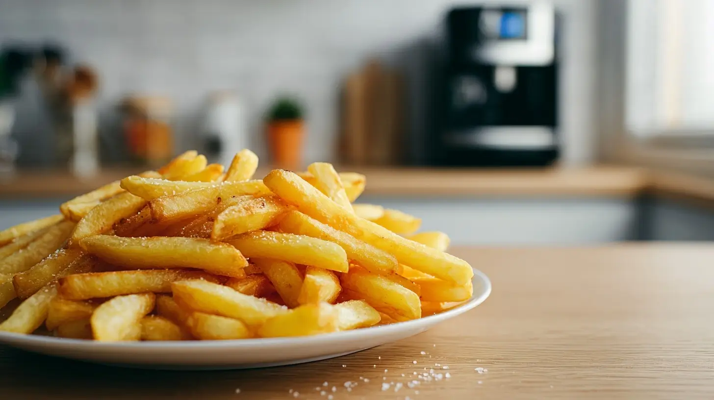 Knusprige gefrorene Pommes, perfekt zubereitet im Airfryer für einen gesunden Snack.