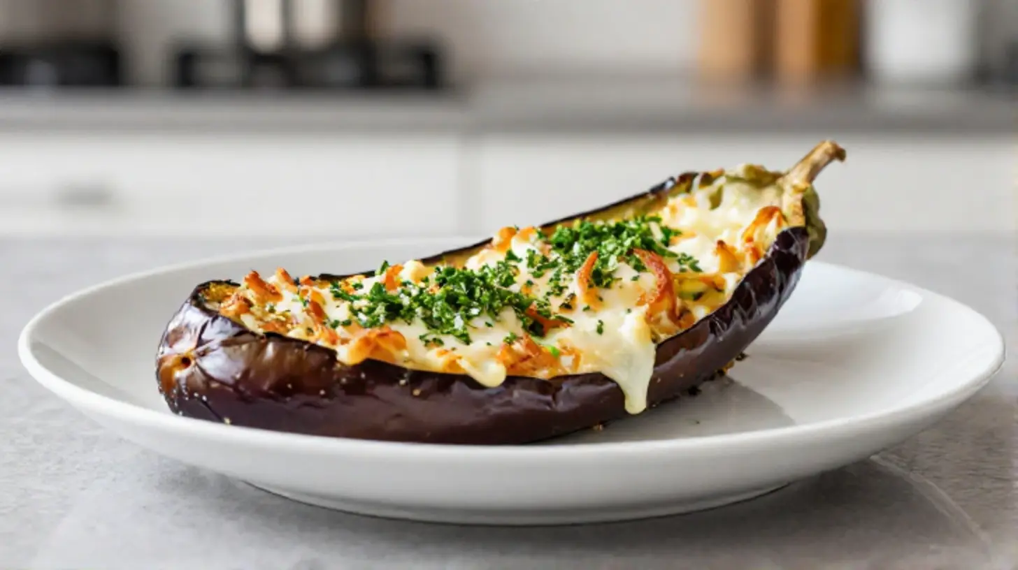 Leckere gefüllte Aubergine aus dem Airfryer, einfach zuzubereiten und voller Geschmack.