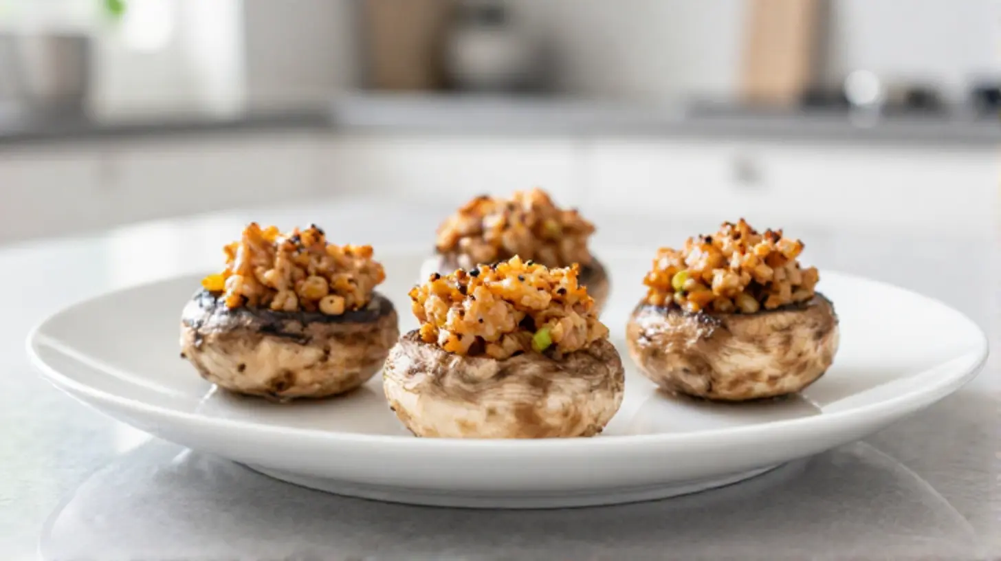 Leckere gefüllte Champignons, die im Airfryer zubereitet werden, perfekt für einen gesunden Snack.