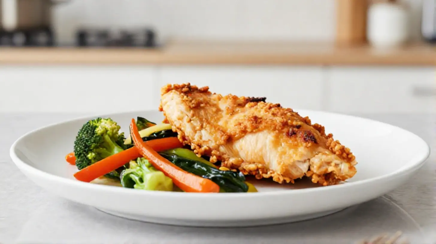 Saftige Hähnchenbrust mit buntem Gemüse, zubereitet im Airfryer für eine gesunde Mahlzeit.