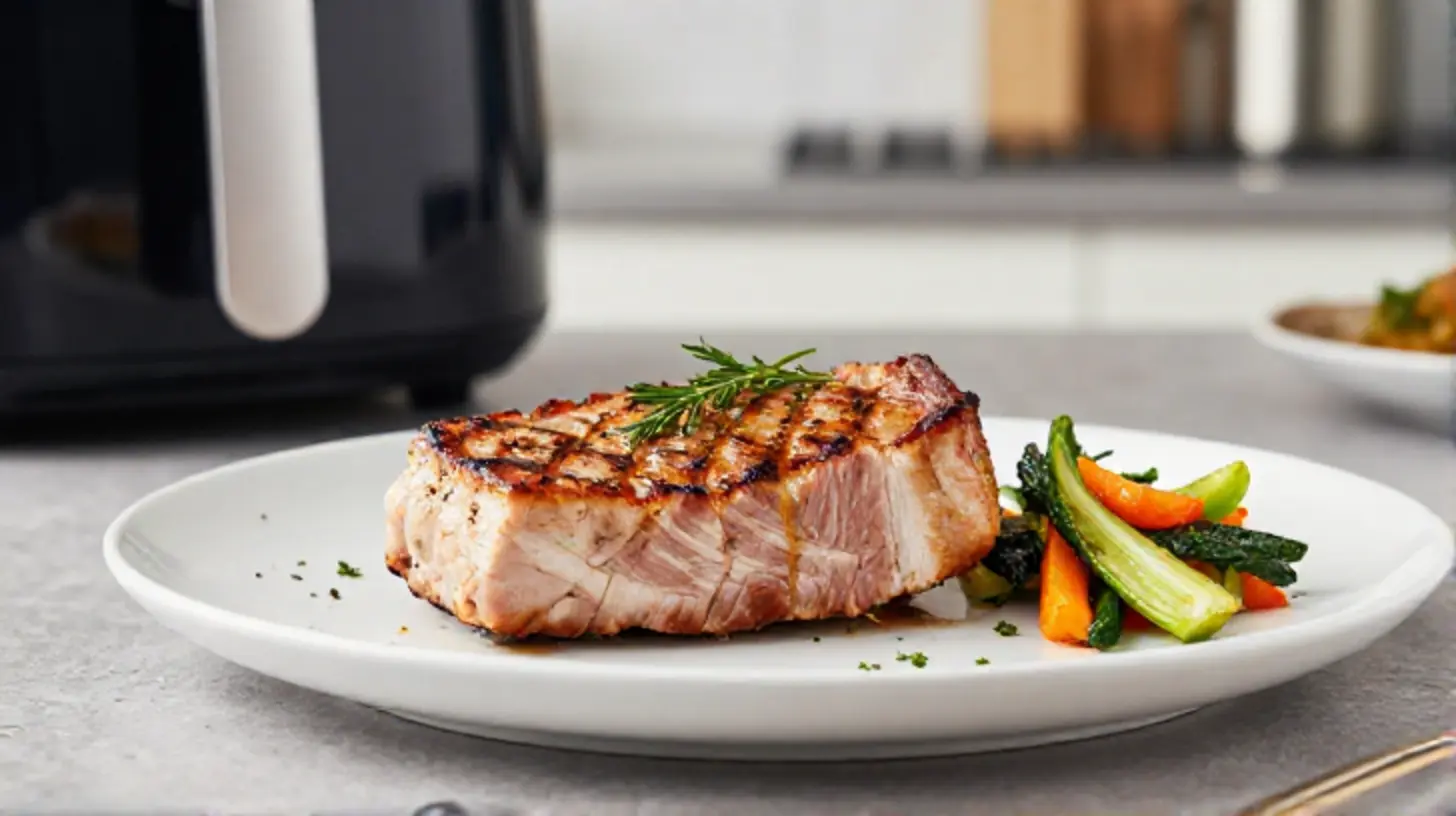 Zartes mariniertes Schweinefilet, perfekt zubereitet im Airfryer für eine gesunde Mahlzeit.