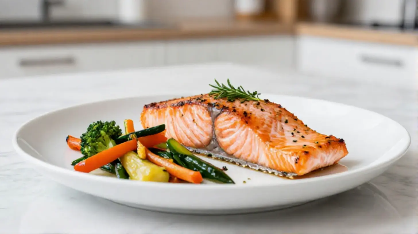 Saftiger Lachs aus dem Ninja Airfryer, perfekt kombiniert mit frischem Gemüse.