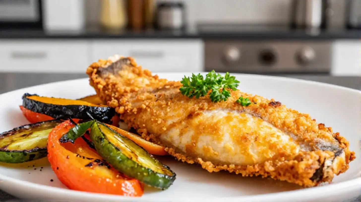 Saftiger Pangasius aus der Heißluftfritteuse mit knuspriger Kruste und frischem Gemüse.
