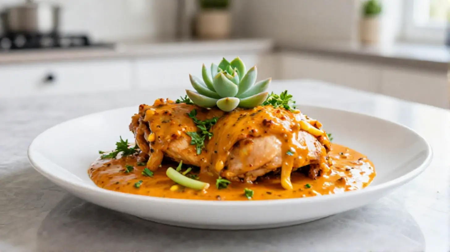 Leckeres Paprika Sahne Hähnchen aus dem Airfryer, perfekt zubereitet mit cremiger Sauce.