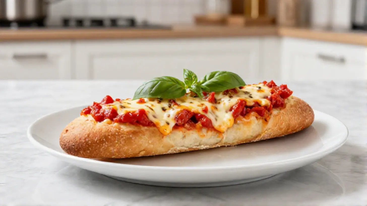 Leckere Pizza-Baguette aus der Heißluftfritteuse, knusprig und mit geschmolzenem Käse.