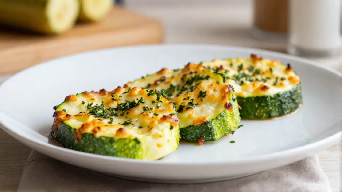 Leckere überbackene Zucchini im Airfryer, perfekt für eine gesunde vegetarische Mahlzeit.