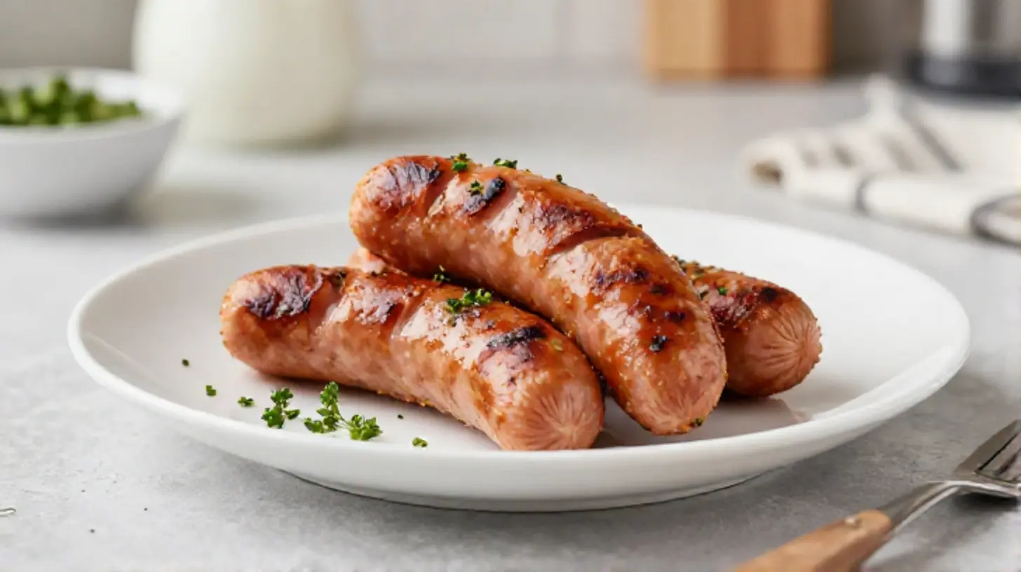 Knusprige Würste aus dem Airfryer, perfekt zubereitet für ein schnelles Abendessen.