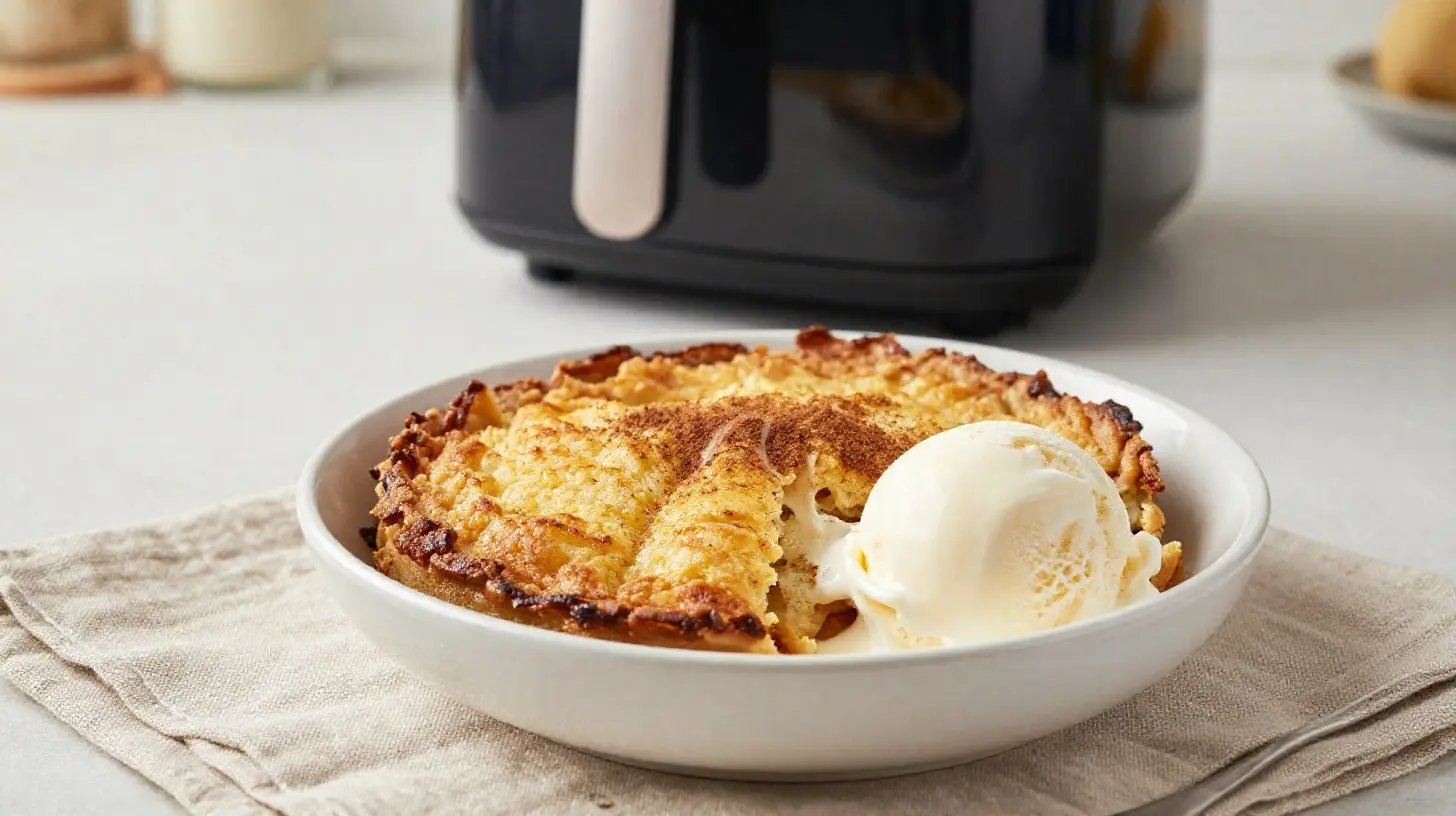 Leckeres Winter-Crumble aus Birnen, zubereitet im Airfryer für ein schnelles Dessert.