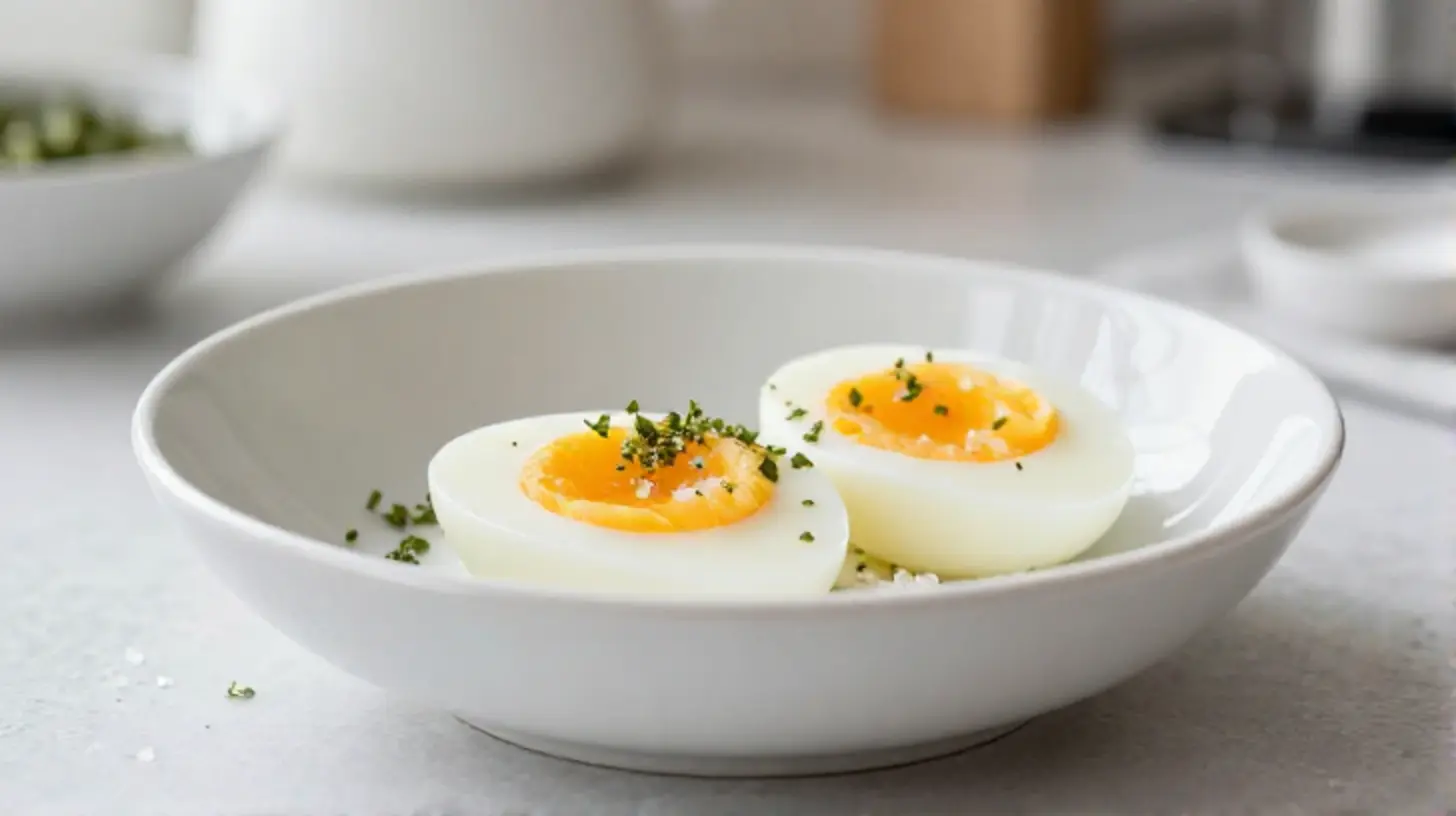 Perfekt gekochte Eier aus dem Airfryer für ein schnelles Frühstück.