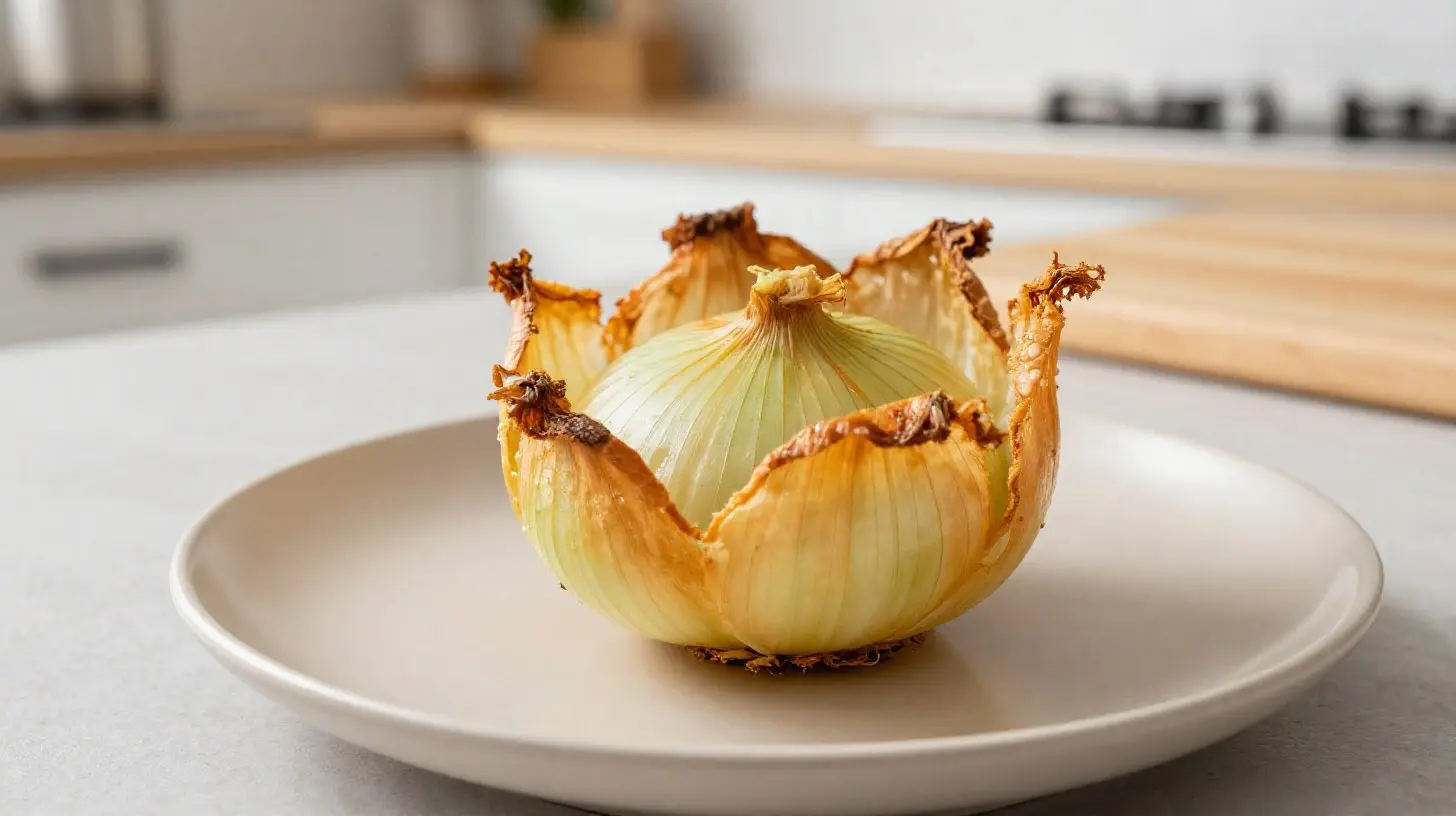 Leckere gebackene Zwiebelblüte im Airfryer, perfekt knusprig und aromatisch.