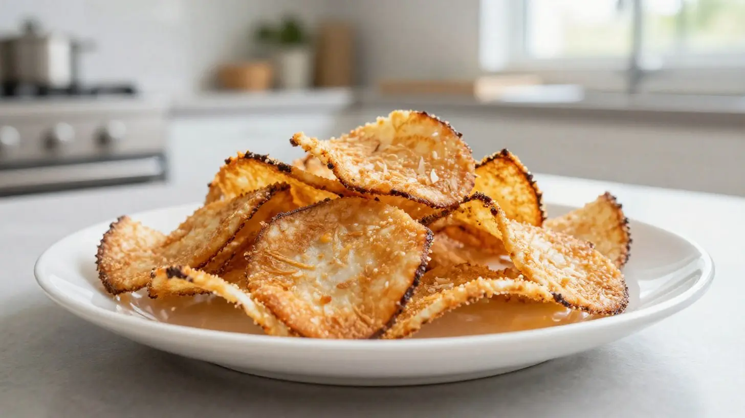 Knusprige Kokoschips aus der Heißluftfritteuse, perfekt als Snack.