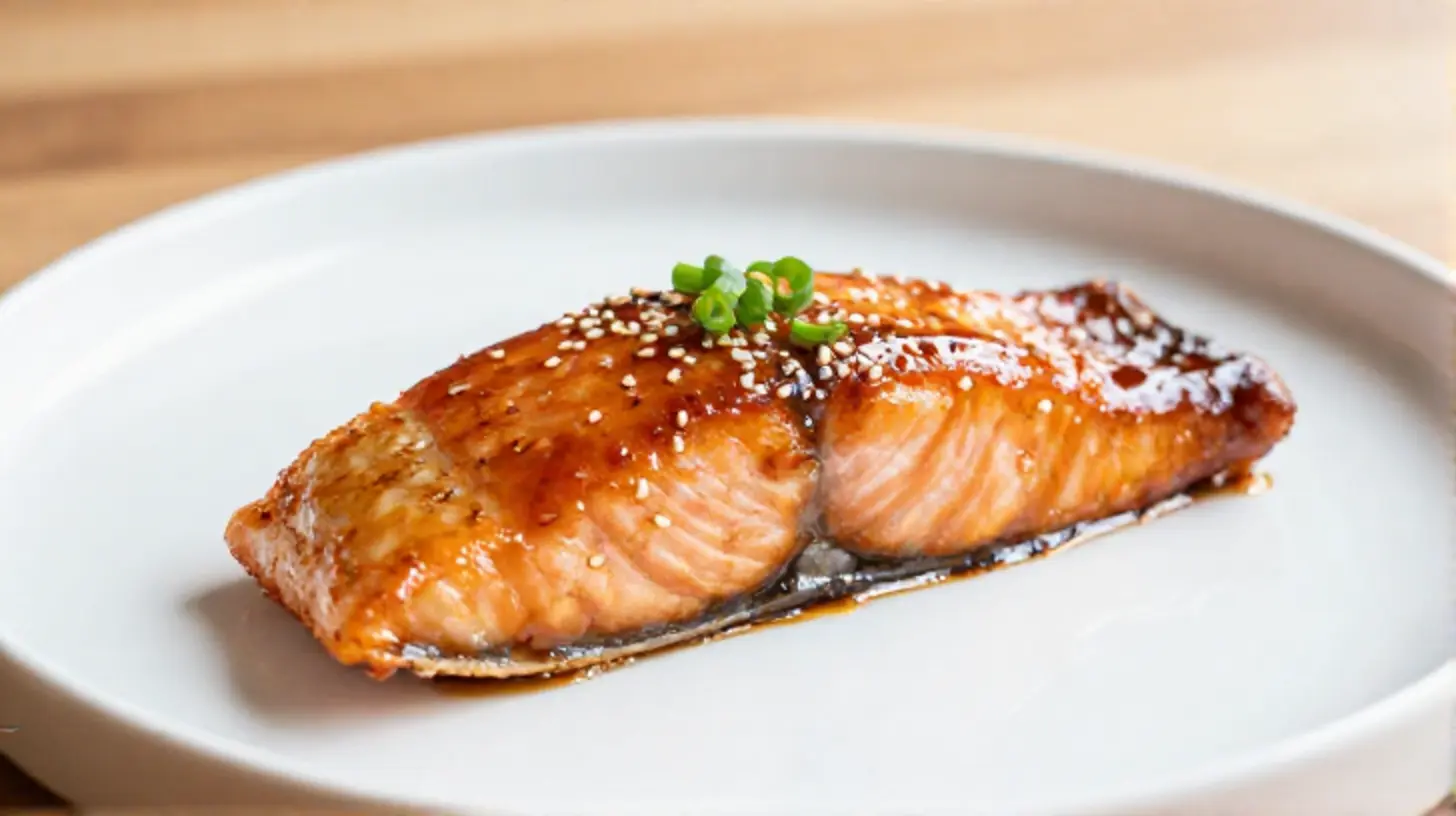 Saftiger Lachs mit Teriyaki-Sauce, perfekt zubereitet im Airfryer.