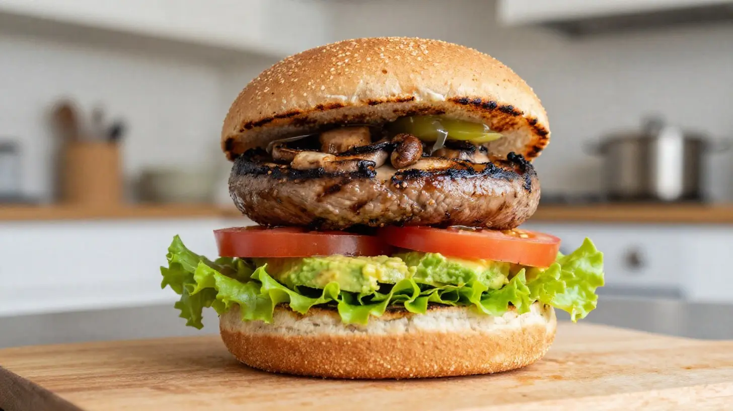 Leckerer Portobello-Pilz-Burger im Airfryer, knusprig und voller Geschmack.
