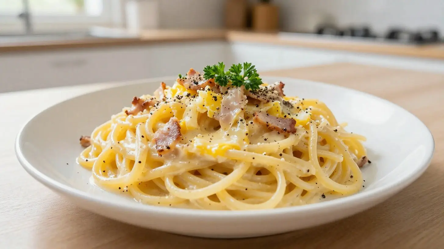 Leckere Spaghetti Carbonara, zubereitet in der Heißluftfritteuse für ein perfektes Abendessen.
