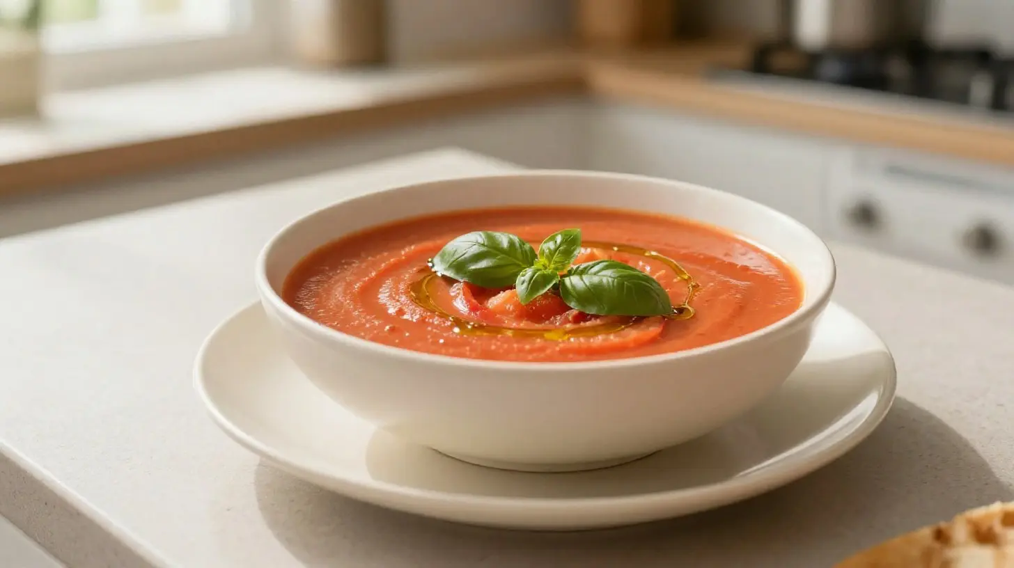 Wärmende Tomatensuppe aus der Heißluftfritteuse mit frischen Kräutern und Gewürzen.