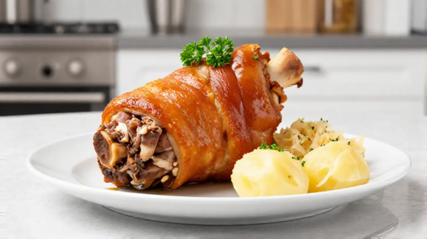 Knusprige vorgegarte Schweinshaxe, perfekt zubereitet im Airfryer für ein saftiges Ergebnis.