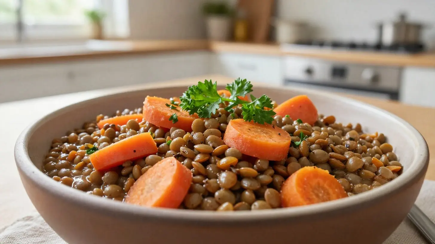 Herzhafter Linseneintopf, perfekt zubereitet im Airfryer für ein warmes Abendessen.