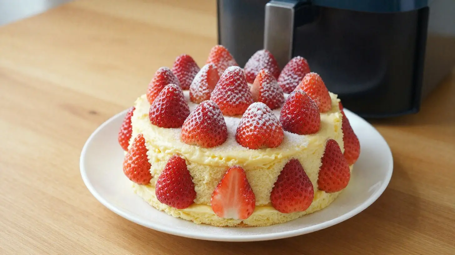 Saftiger Erdbeerkuchen aus der Heißluftfritteuse mit frischen Erdbeeren und leckerem Belag.