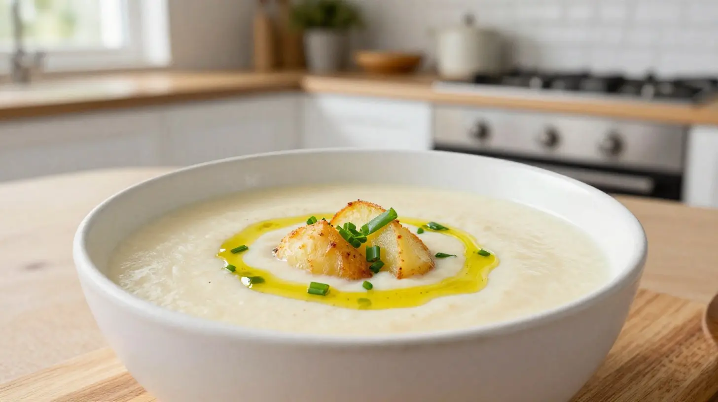 Herzhafte Kartoffelsuppe, perfekt zubereitet in der Heißluftfritteuse für ein schnelles und gesundes Gericht.