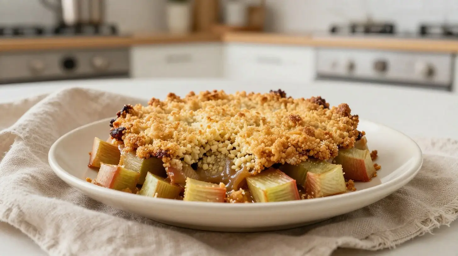 Leckerer Rhabarber-Crumble, frisch aus dem Airfryer, mit knusprigem Topping.