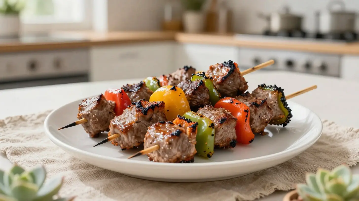 Leckeres Schaschlik aus der Heißluftfritteuse mit saftigen Fleischstücken und buntem Gemüse.