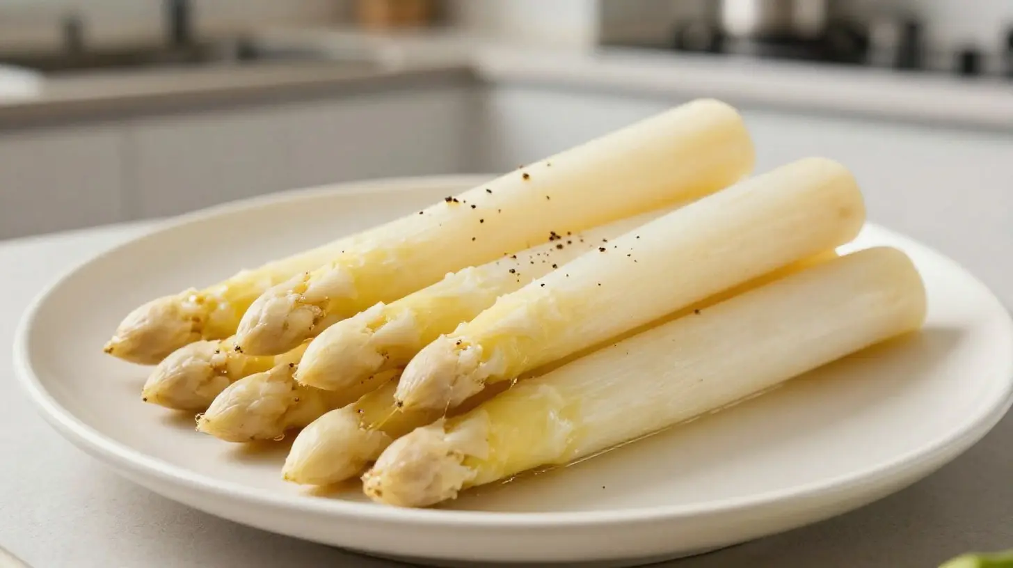 Zarter weißer Spargel, perfekt zubereitet in der Heißluftfritteuse.