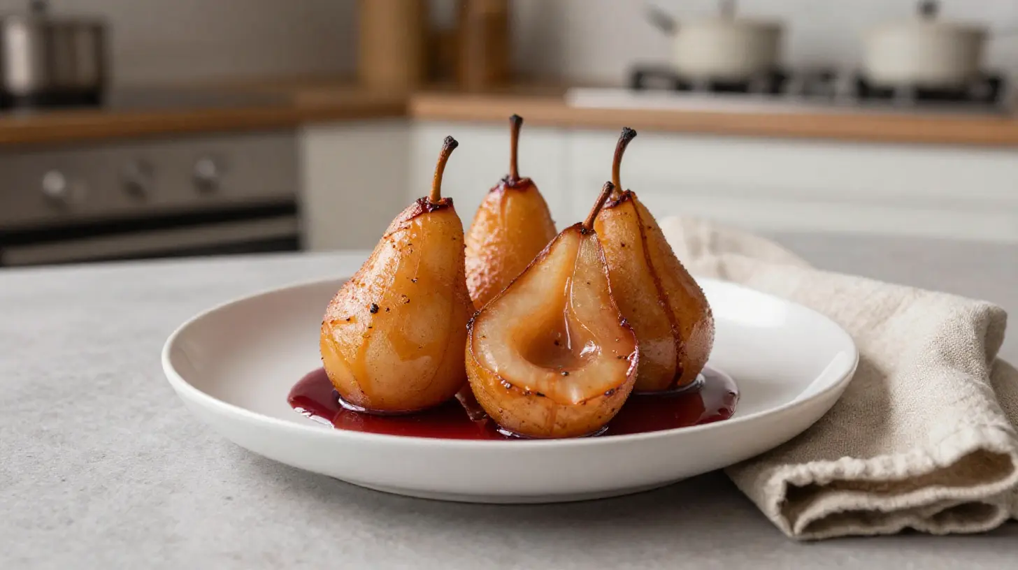 Leckere Glühwein-Birnen, perfekt zubereitet in der Heißluftfritteuse für ein festliches Dessert.