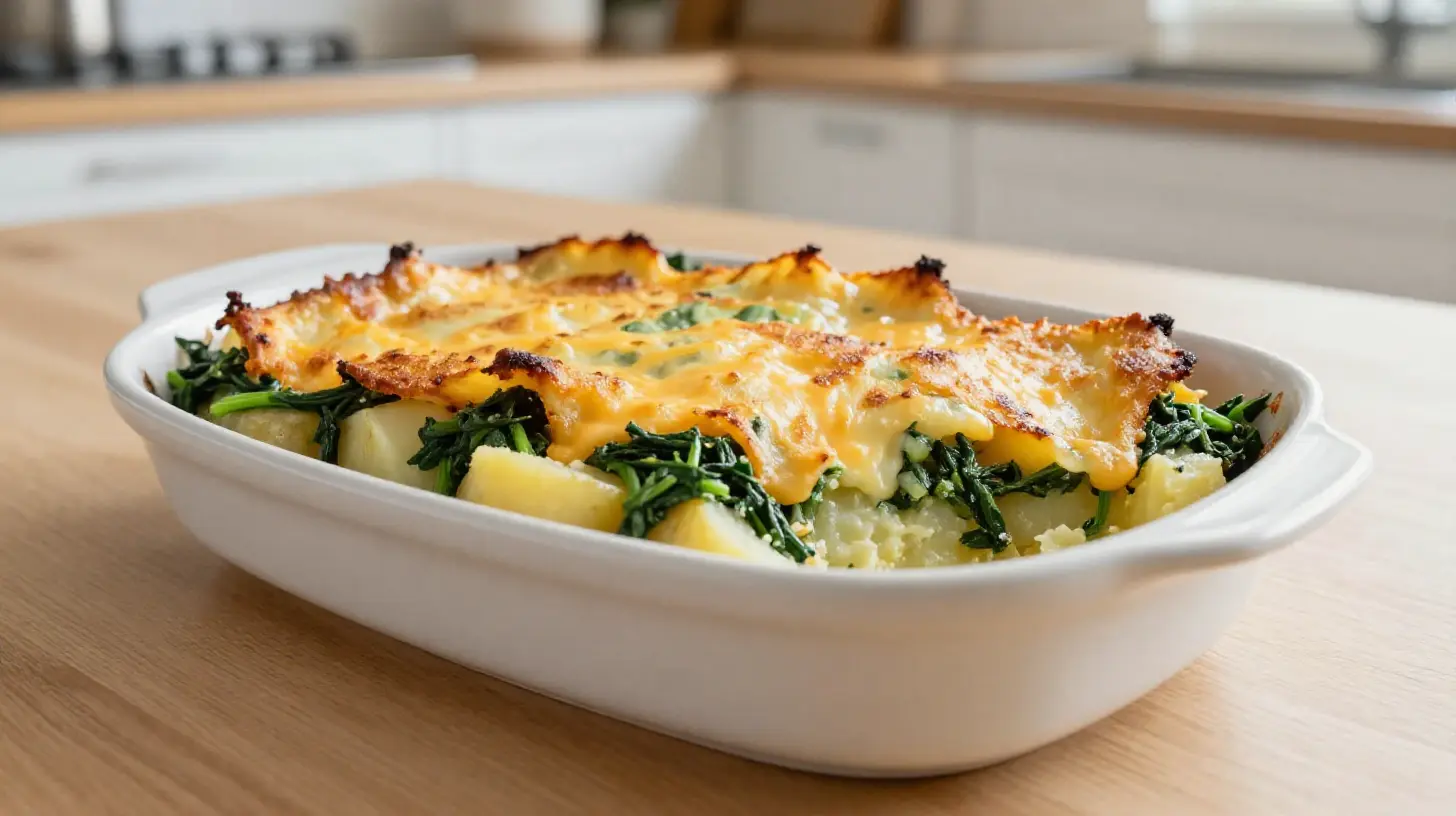 Leckerer Kartoffel-Spinat-Auflauf aus der Heißluftfritteuse, ideal für ein gesundes Abendessen.