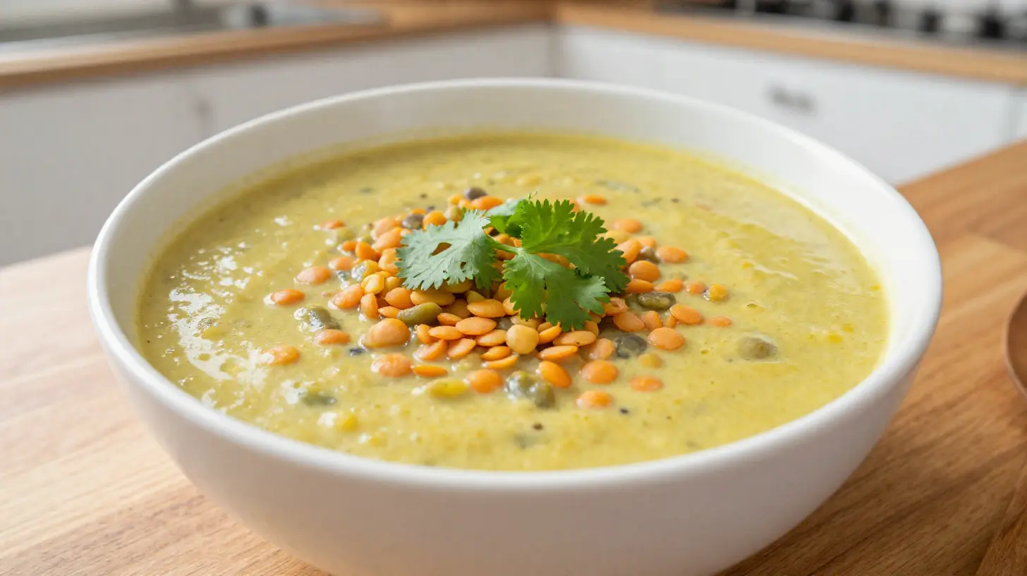 Aromatische Linsen-Kokos-Suppe aus der Heißluftfritteuse für eine gesunde Mahlzeit.