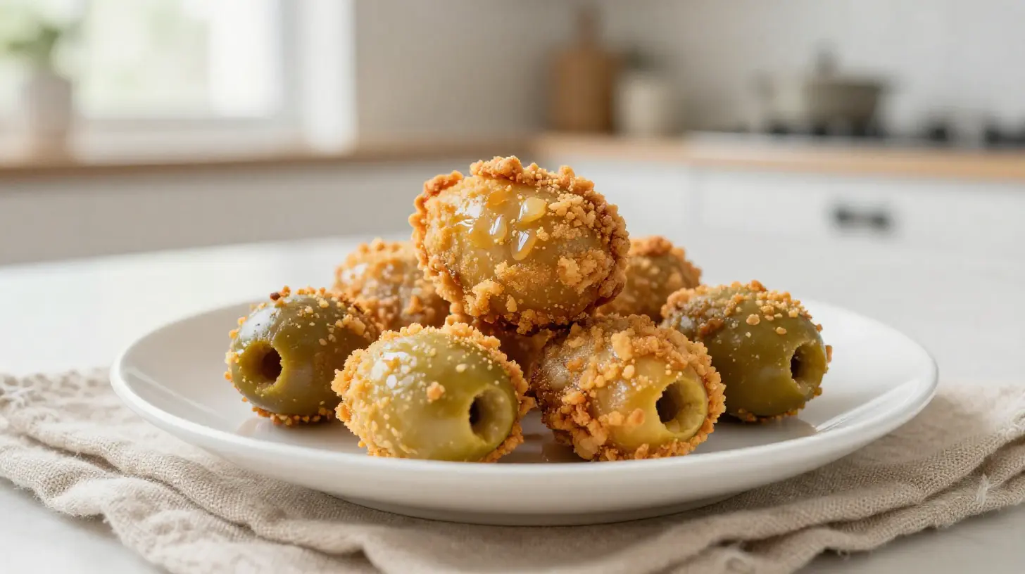 Knusprige Oliven im Teigmantel aus der Heißluftfritteuse, perfekt als Snack.