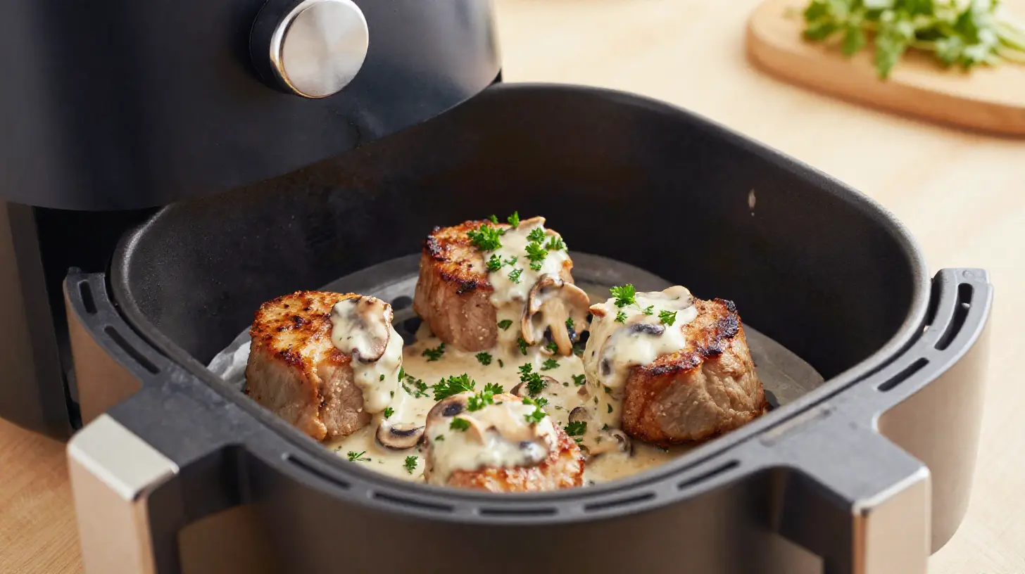 Zarte Schweinemedaillons im Airfryer, perfekt ergänzt durch eine cremige Pilzrahmsoße.