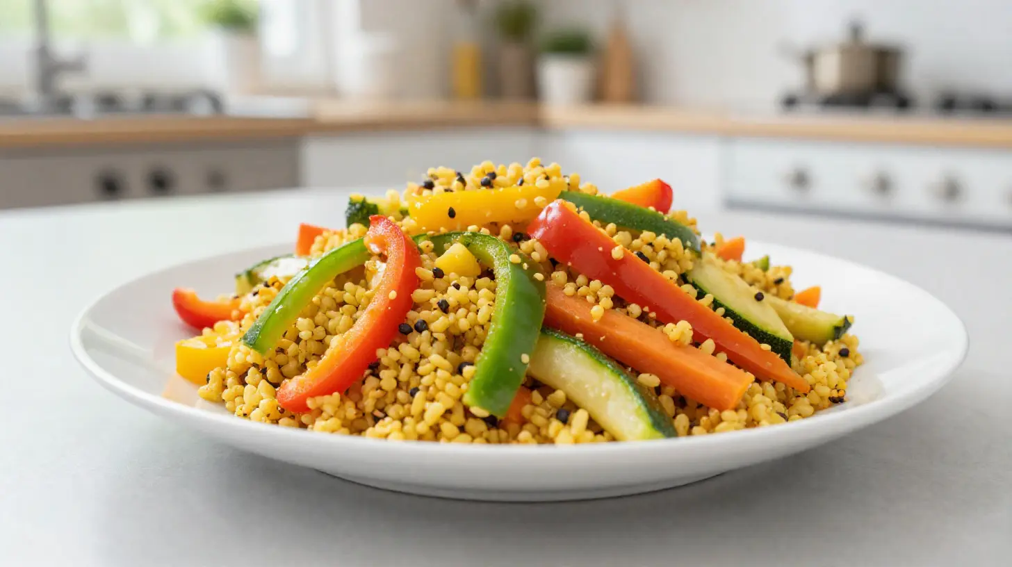 Bunte Bulgur-Gemüse-Pfanne aus der Heißluftfritteuse mit frischem Gemüse.