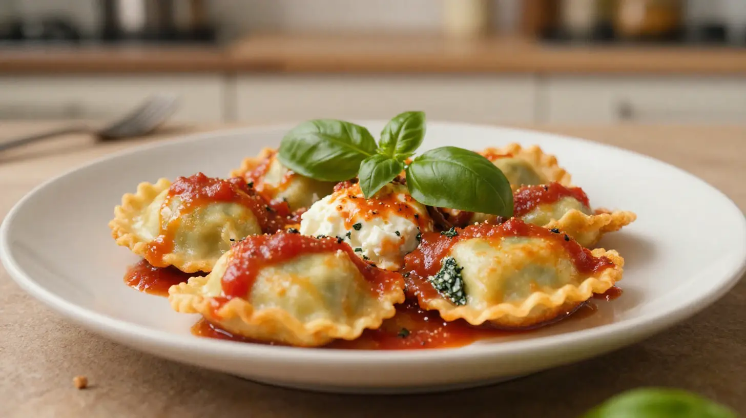 Leckere Ravioli aus der Heißluftfritteuse mit frischer Tomatensoße.